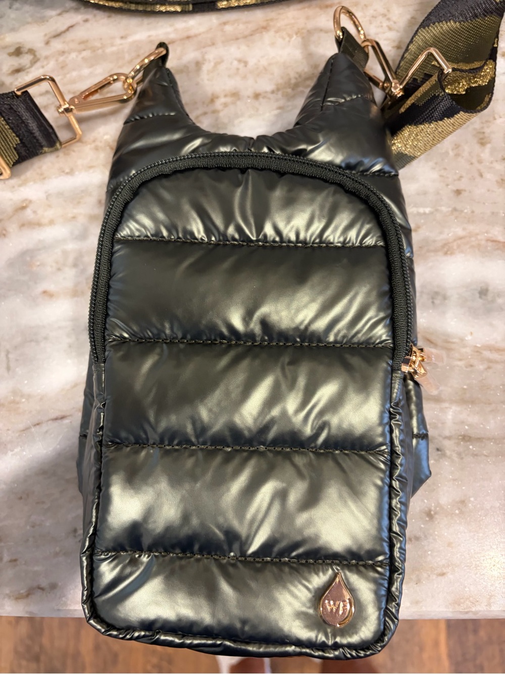 WanderFull HydroBag Metallic Green Puffer Crossbody Gold Camo Strap. - Picture 2 of 8
